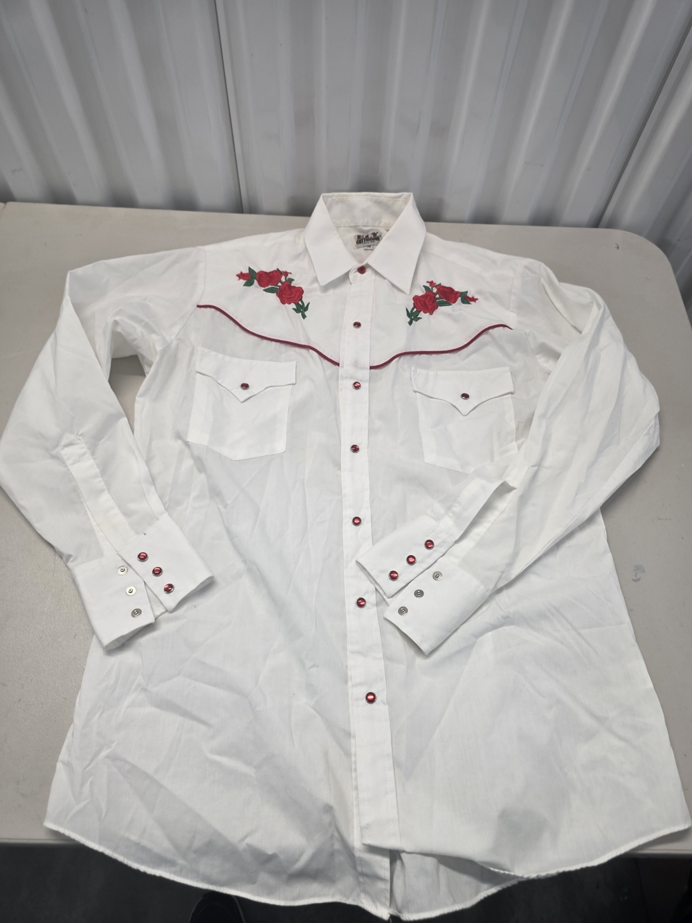 Vintage Ely Diamond Shirt Mens Medium White Pearl Snap Embroidered Rose Cowboy